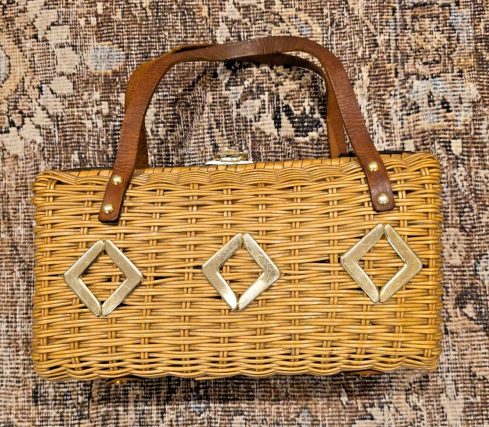 Hong Kong Coated Wicker Basket Purse Vtg 60s Mod Geometric Box Handbag MCM Retro